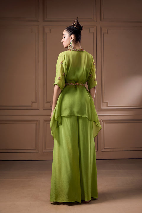 Embellished Assymetric Shrug With Bustier And Palazzo With Belt
