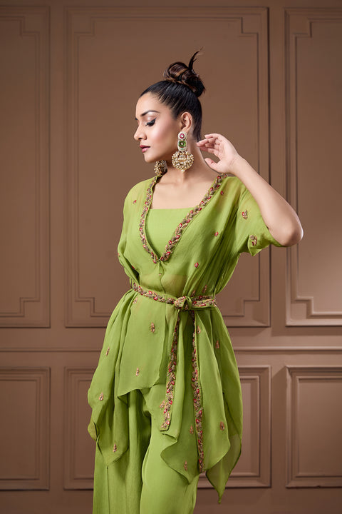 Embellished Assymetric Shrug With Bustier And Palazzo With Belt