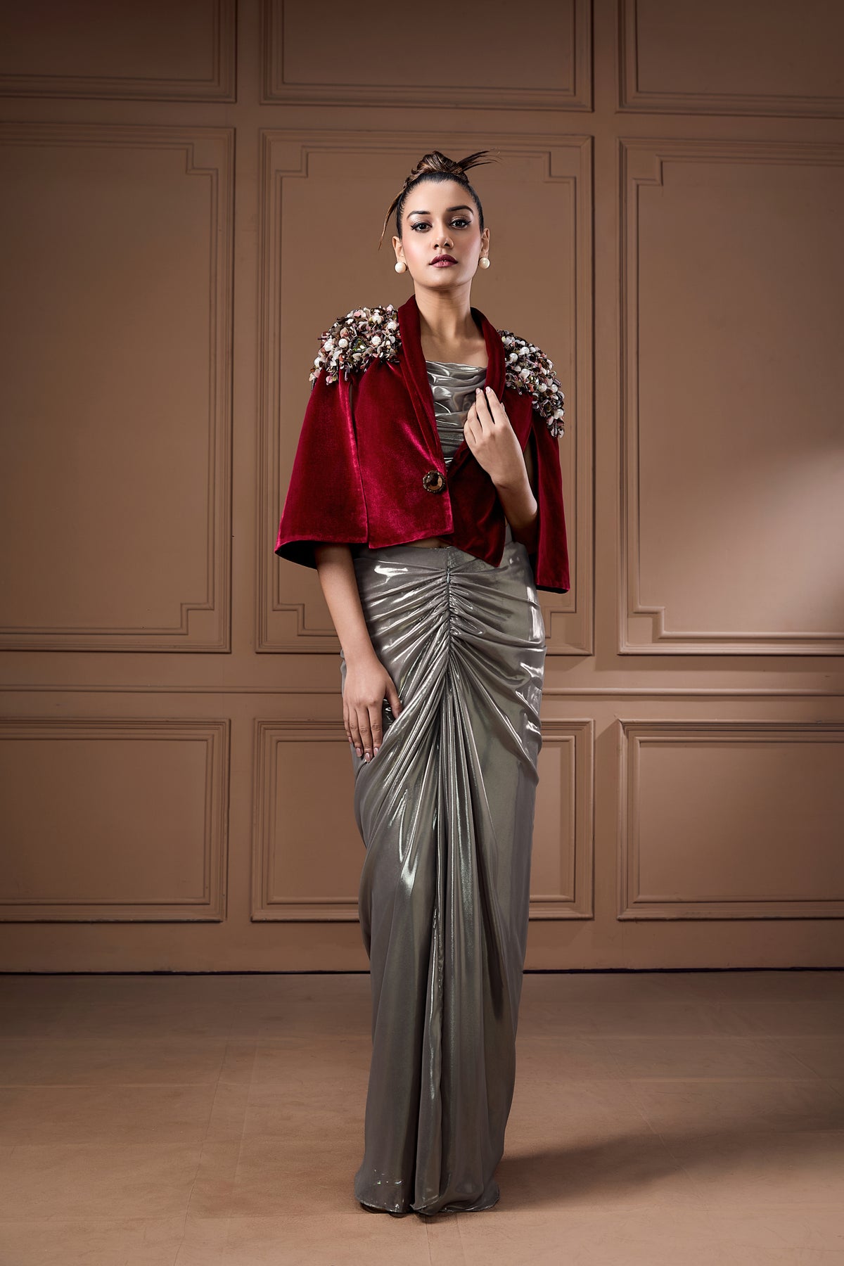 Wine Velvet Cape With Glass Cowl Bustier And Drape Skirt