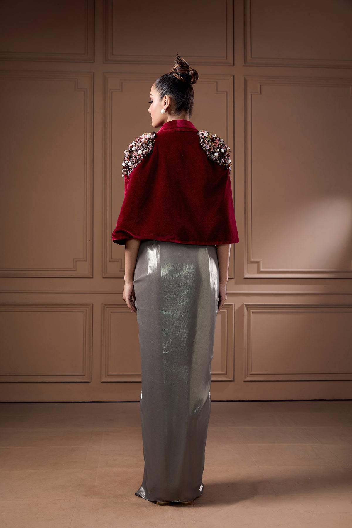 Wine Velvet Cape With Glass Cowl Bustier And Drape Skirt