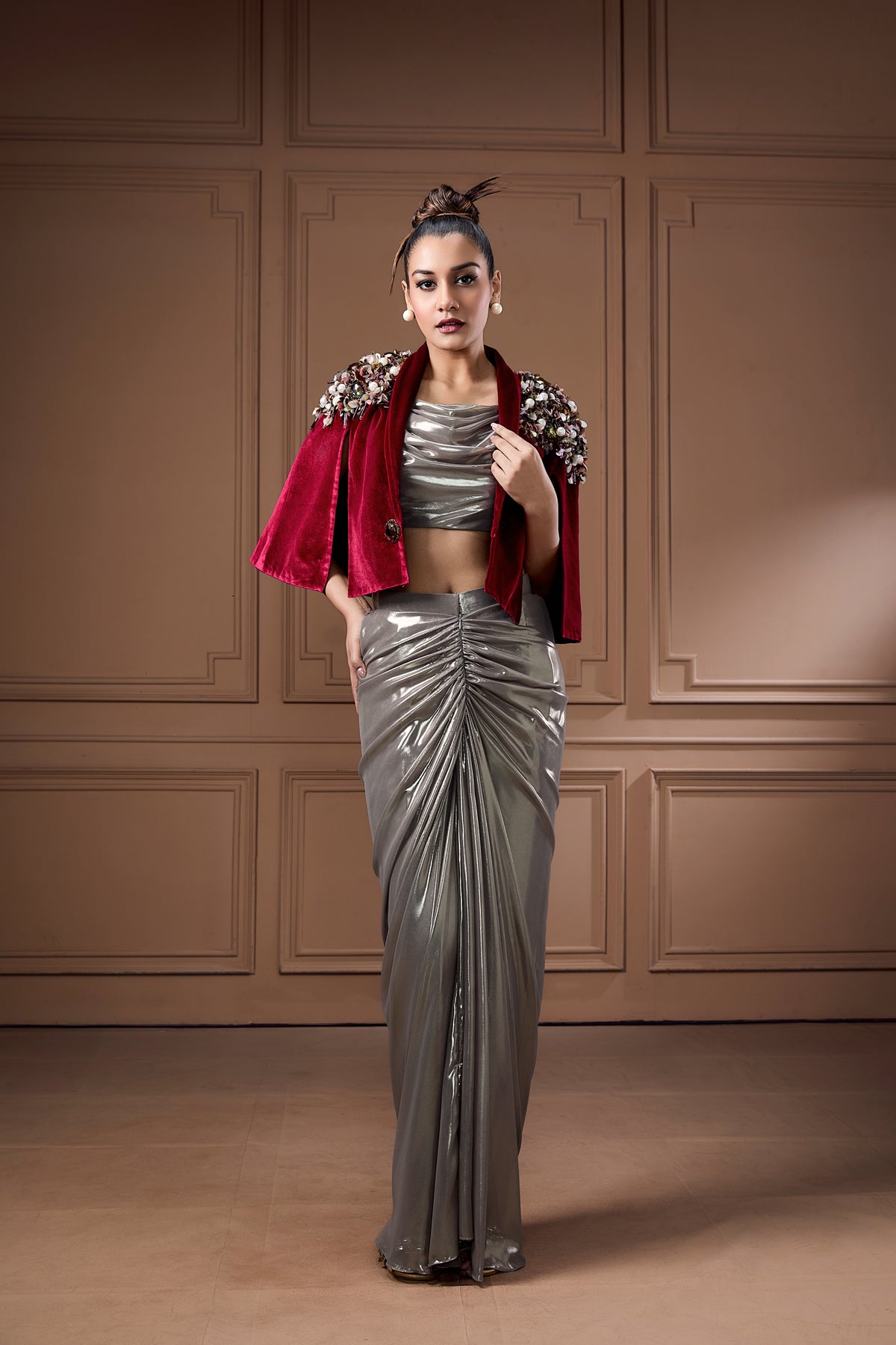 Wine Velvet Cape With Glass Cowl Bustier And Drape Skirt