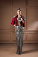 Wine Velvet Cape With Glass Cowl Bustier And Drape Skirt