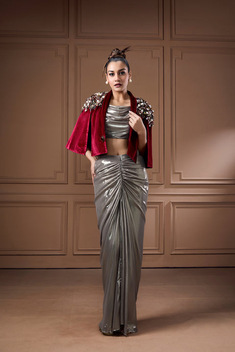 Wine Velvet Cape With Glass Cowl Bustier And Drape Skirt