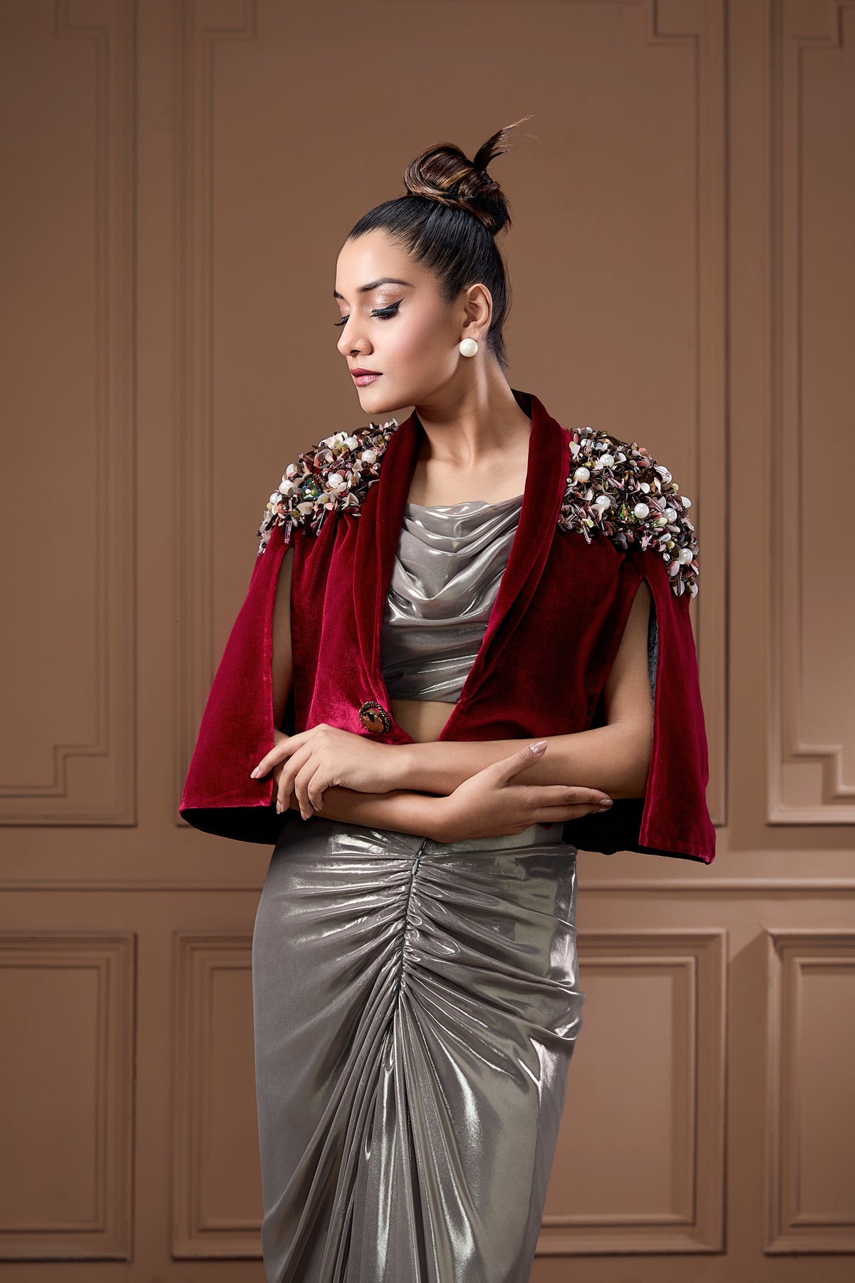 Wine Velvet Cape With Glass Cowl Bustier And Drape Skirt