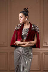 Wine Velvet Cape With Glass Cowl Bustier And Drape Skirt