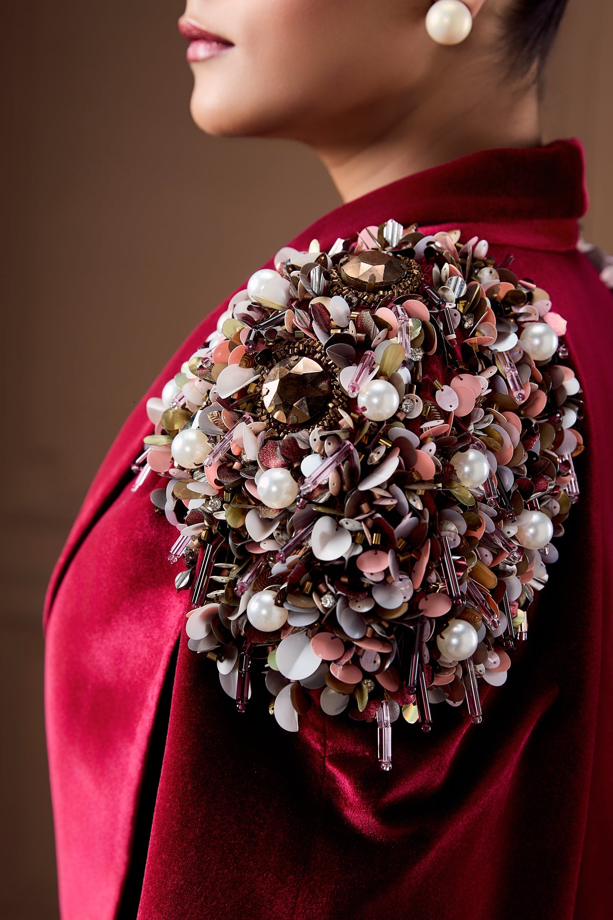 Wine Velvet Cape With Glass Cowl Bustier And Drape Skirt