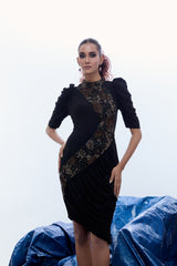 Assymetric Cowl Dress With Statement Embellishment