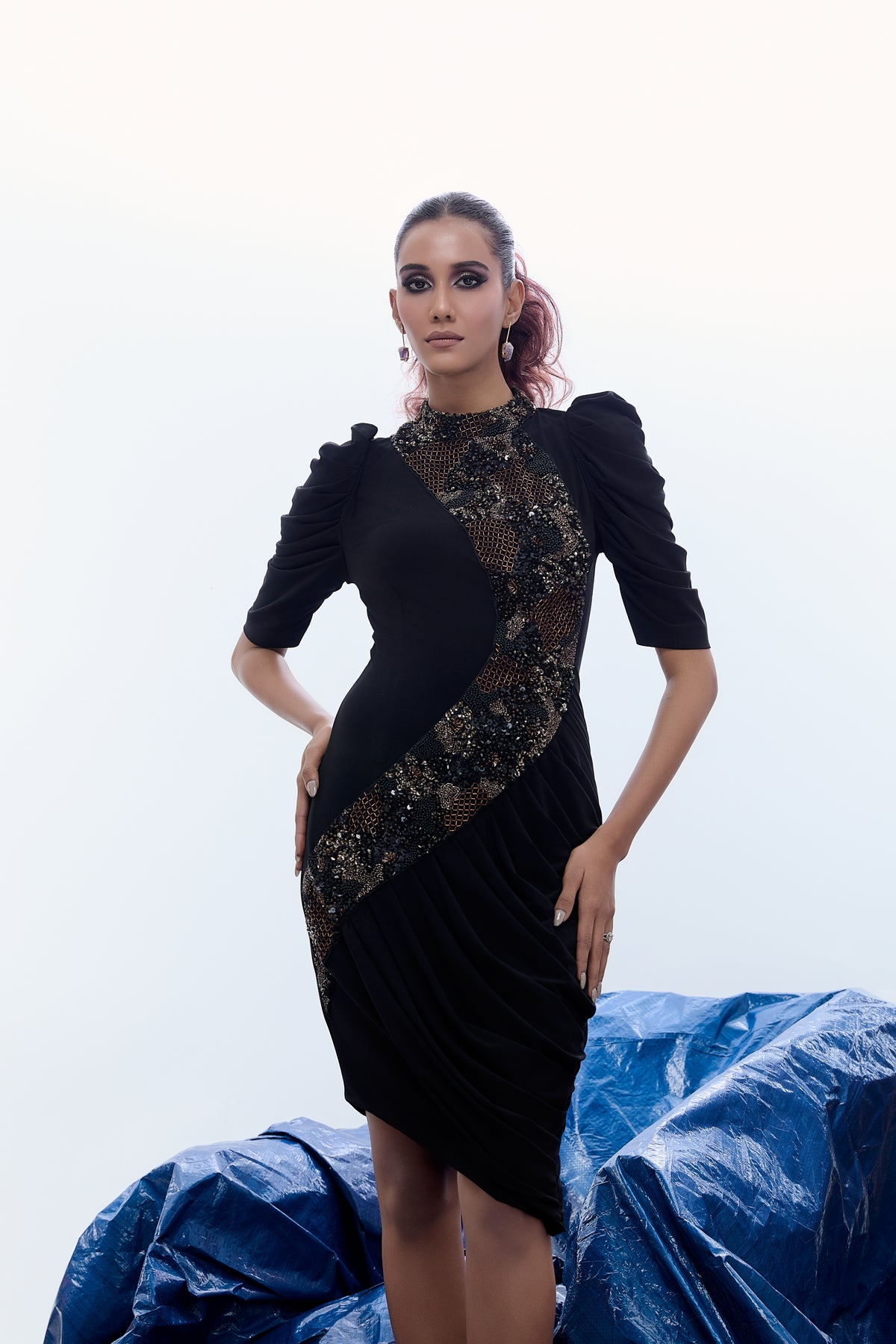 Assymetric Cowl Dress With Statement Embellishment