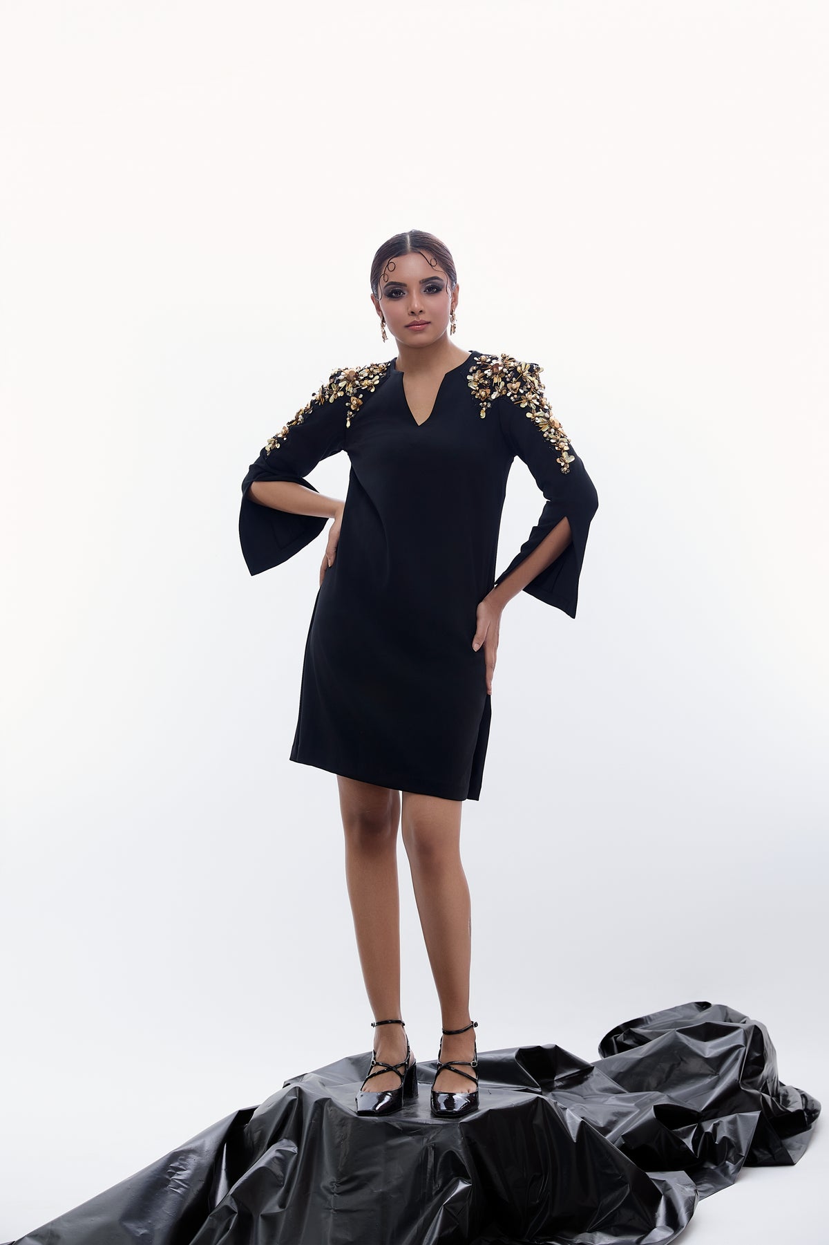 V-Neck Gold Statement Dress