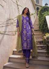 Electric Blue & Lime Green Zardozi Banarasi Brocade Straight Cut Kurta Set