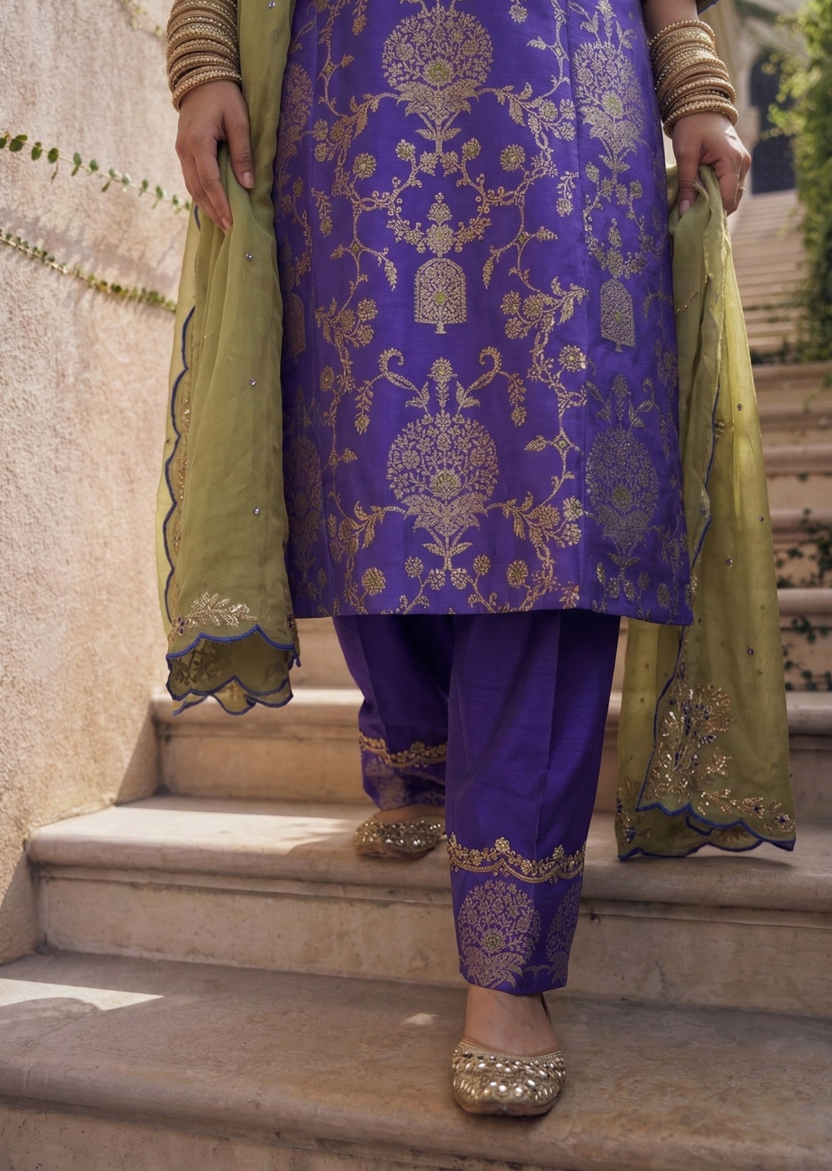 Electric Blue & Lime Green Zardozi Banarasi Brocade Straight Cut Kurta Set