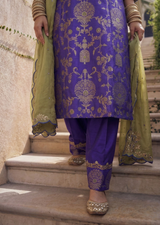 Electric Blue & Lime Green Zardozi Banarasi Brocade Straight Cut Kurta Set