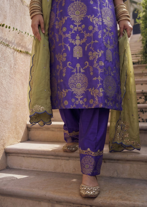 Electric Blue & Lime Green Zardozi Banarasi Brocade Straight Cut Kurta Set