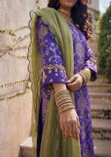 Electric Blue & Lime Green Zardozi Banarasi Brocade Straight Cut Kurta Set