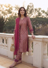 Wine & Rani Pink Zardozi Banarasi Brocade Straight Cut Kurta Set