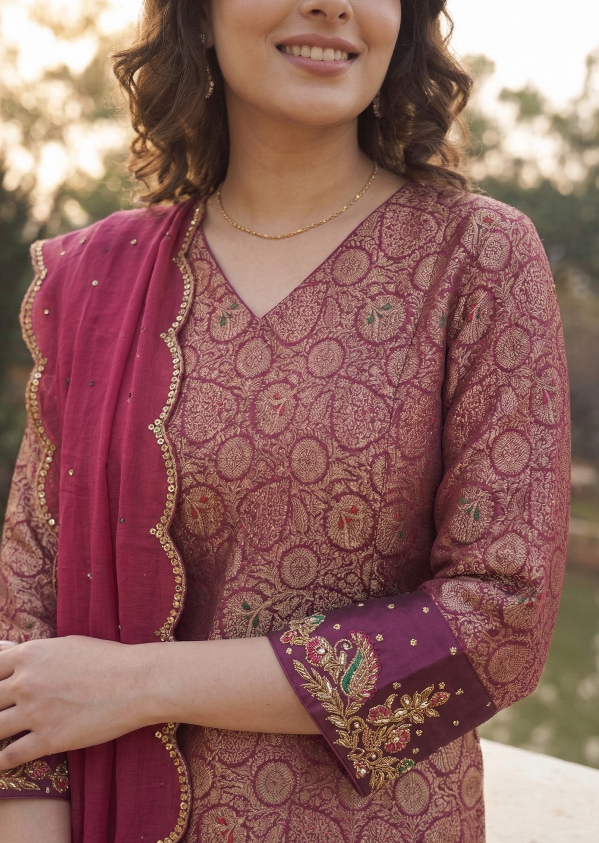 Wine & Rani Pink Zardozi Banarasi Brocade Straight Cut Kurta Set