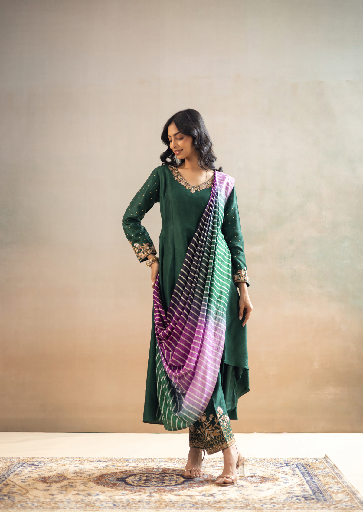 Vibrant Emerald Zardozi Silk Lehariya Kalidar Suit