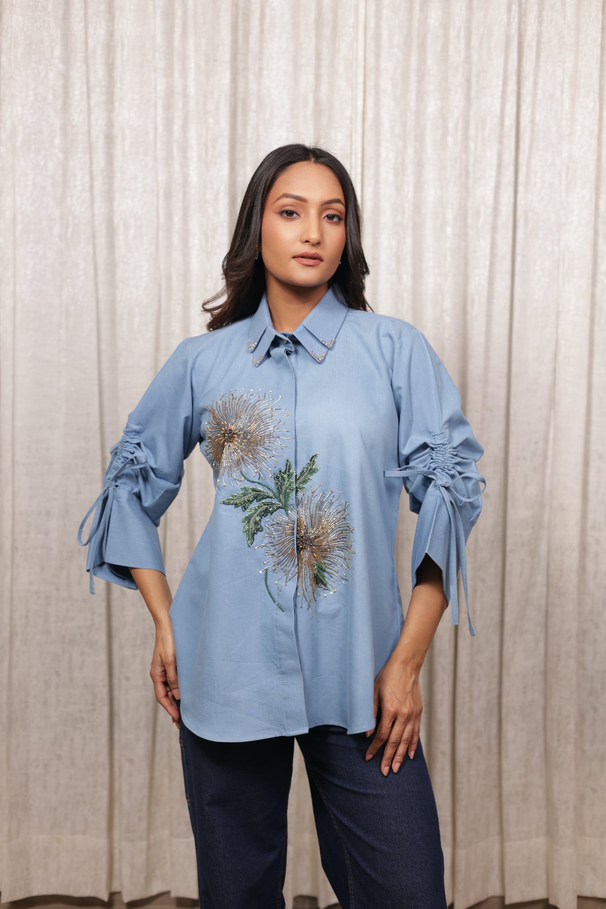Denim Blue With Double Collar Shirt