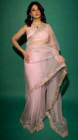 Baby Pink Hand Embroidered Saree Organza And Matching Floral Embroidered Blouse