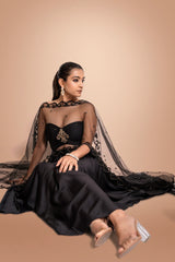 Black Hand Embroidered Satin Anarkali With Net Dupatta