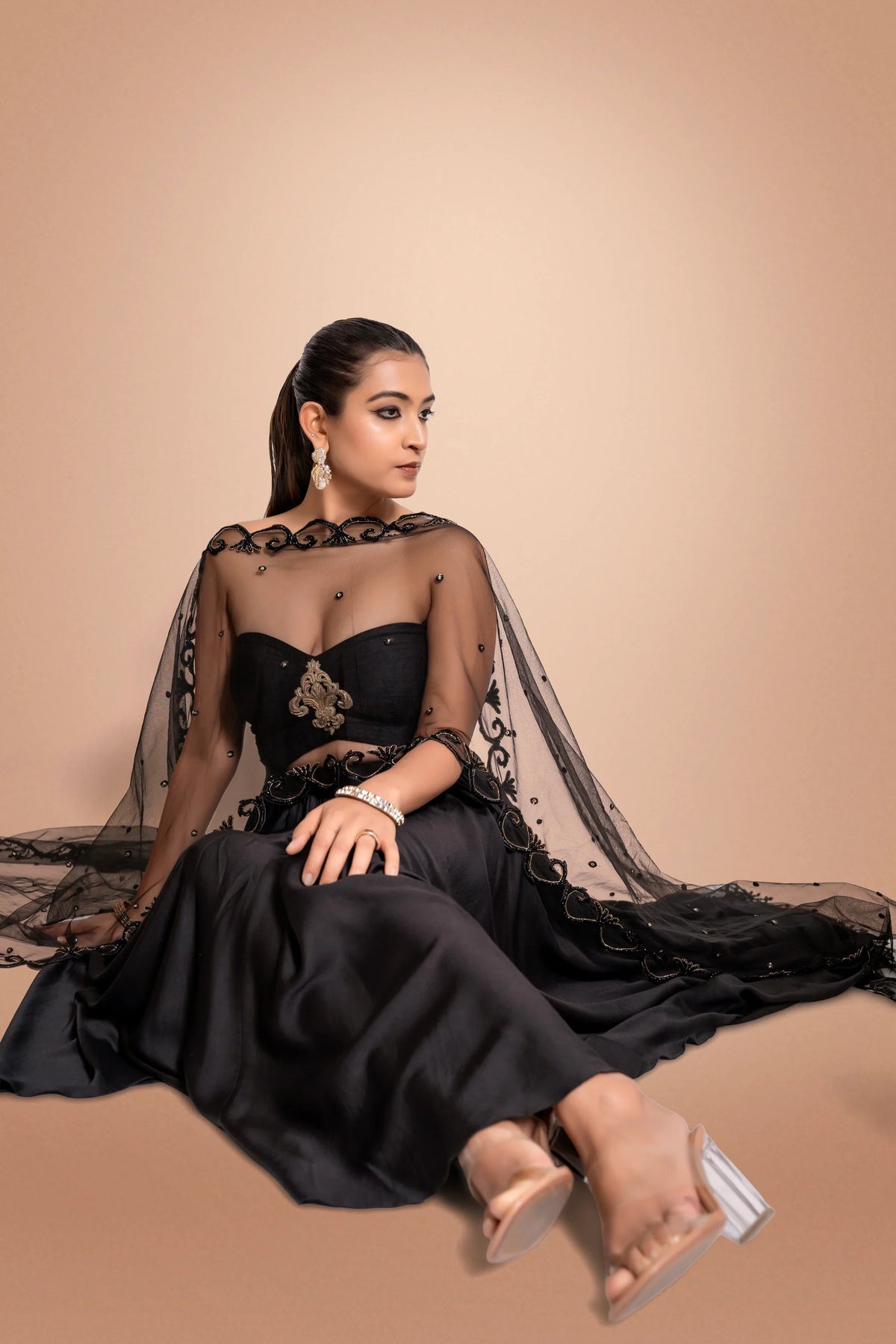 Black Hand Embroidered Satin Anarkali With Net Dupatta