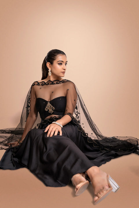 Black Hand Embroidered Satin Anarkali With Net Dupatta