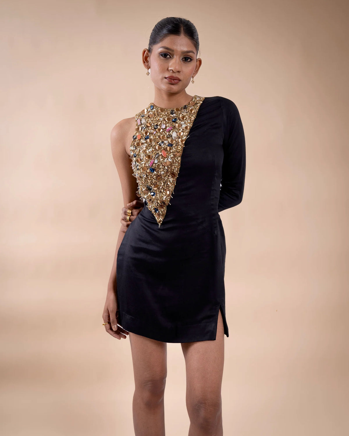 Black Hand Embroidered Satin Mini Dress