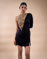 Black Hand Embroidered Satin Mini Dress