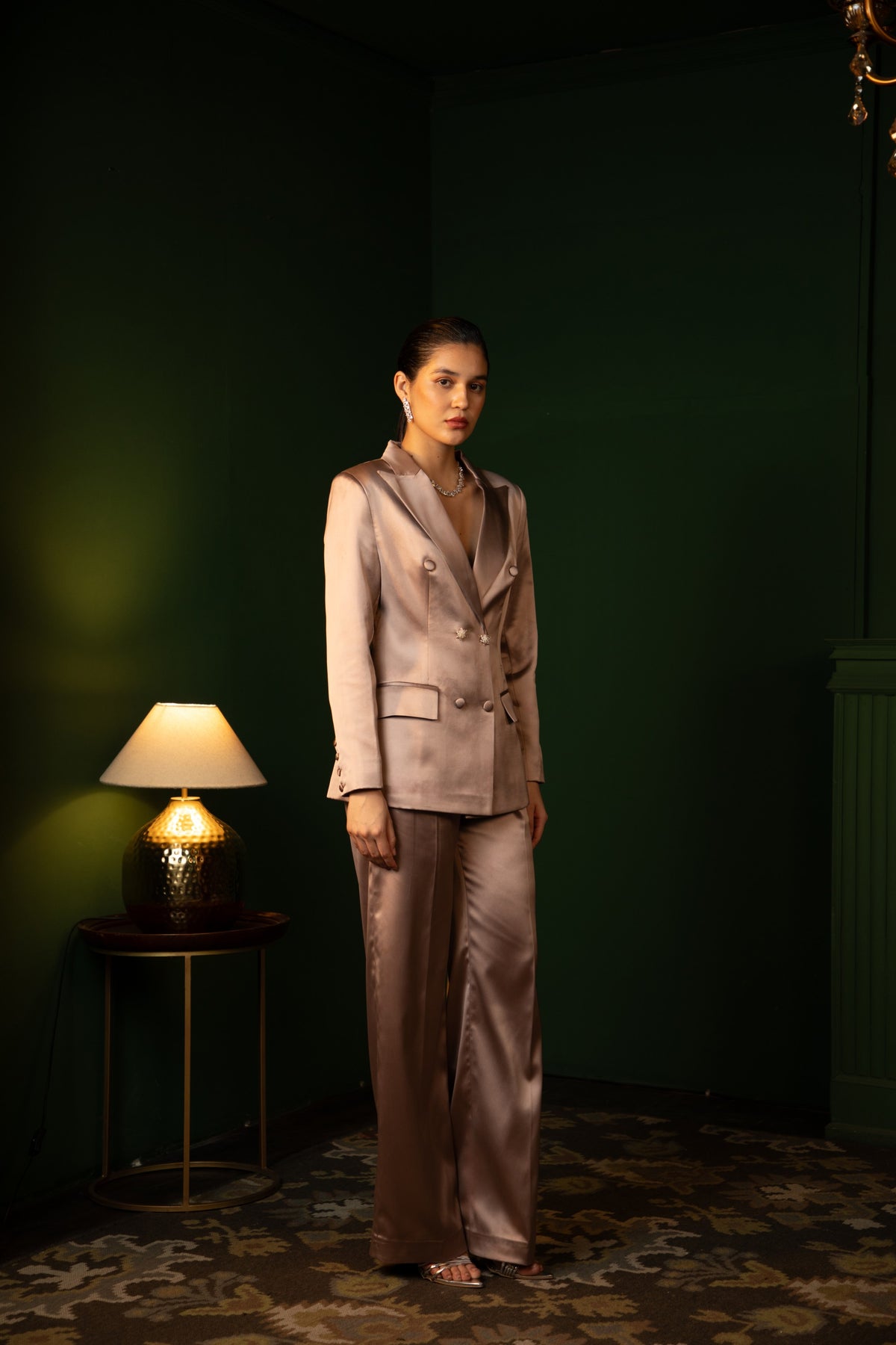 Double Breasted Liquid Sculpted Suit Ensemble in Dusty Rose