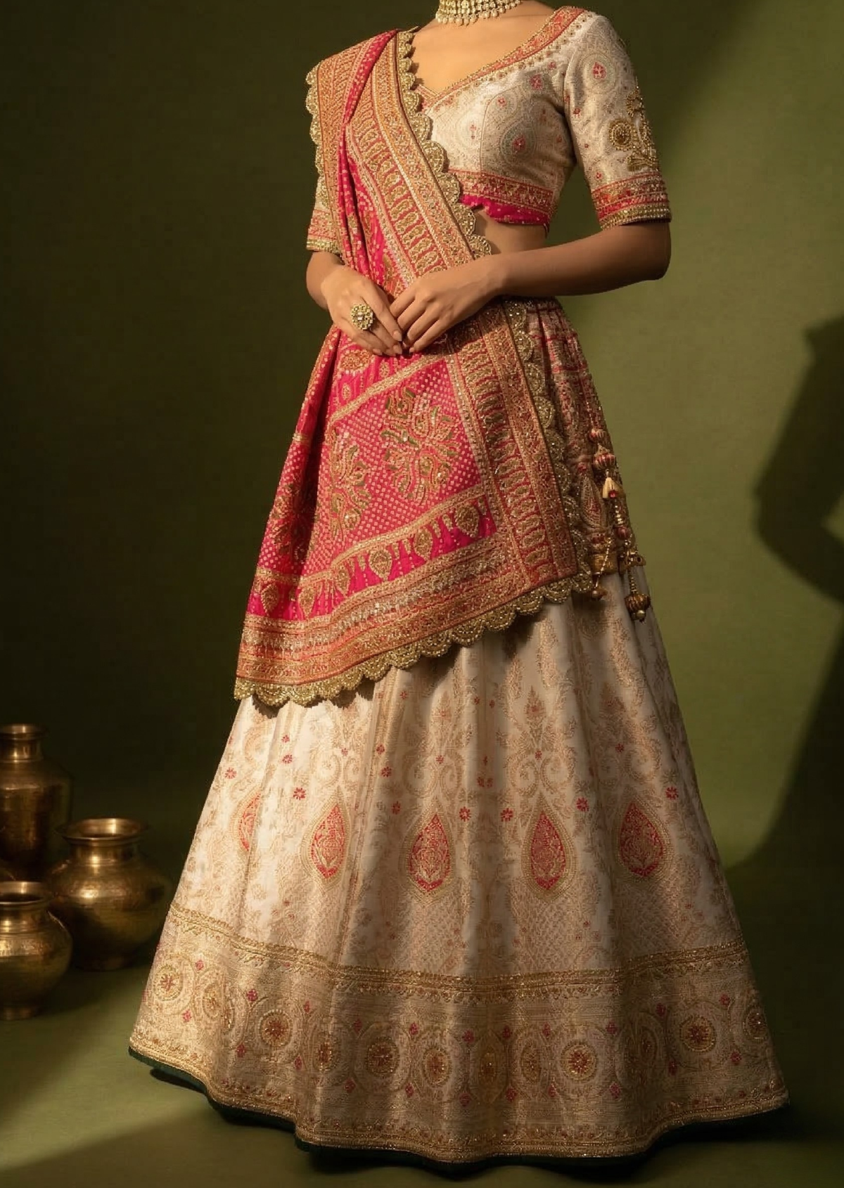 Ivory & Rani Pink Zardozi Handwoven Banarasi Silk Lehenga Set