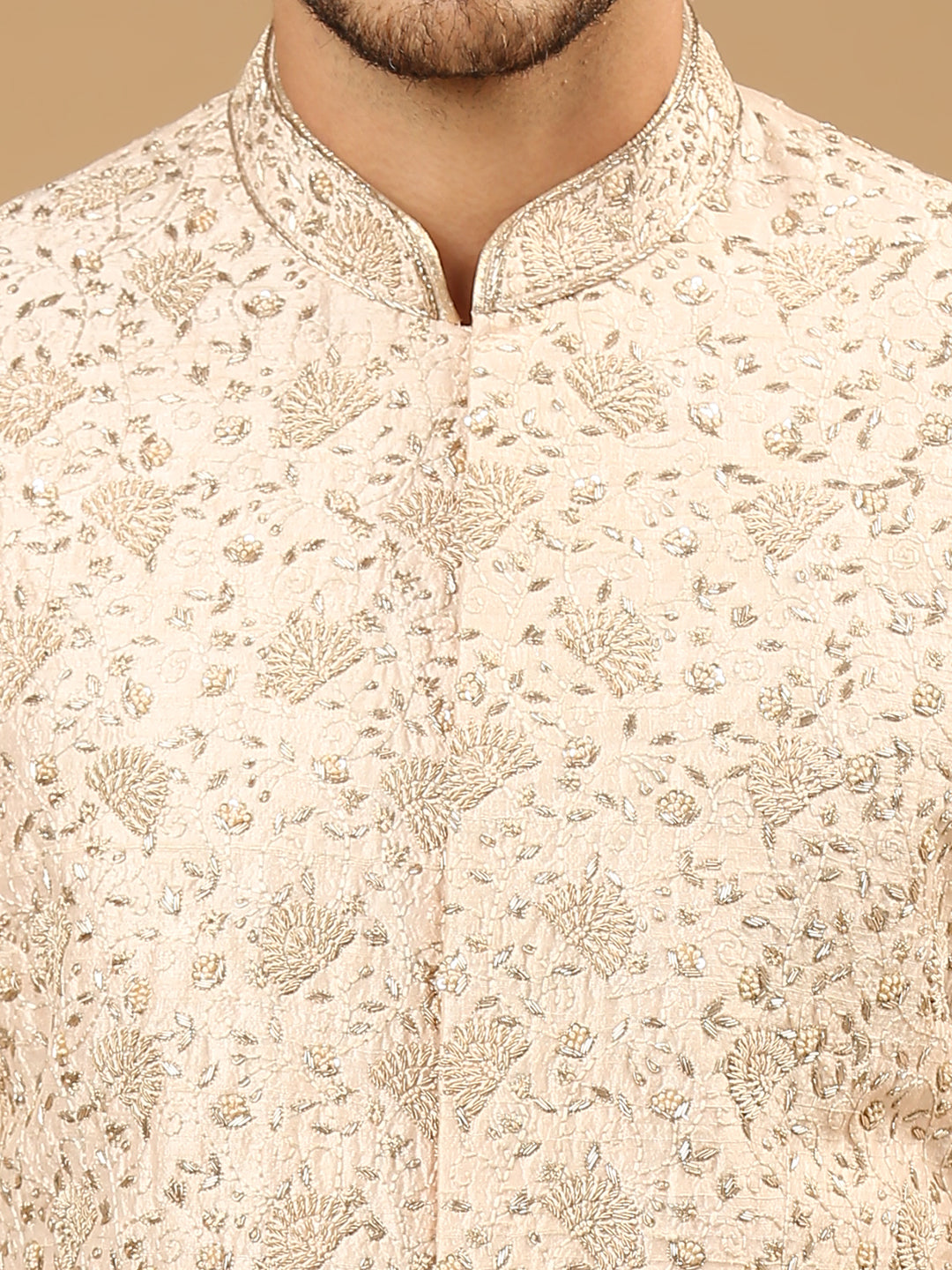 Light Pink Raw Silk Hand Embroidered & Zardosi Sherwani Set