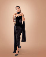Black Hand Embroidered Corset Top With Skirt And Dupatta