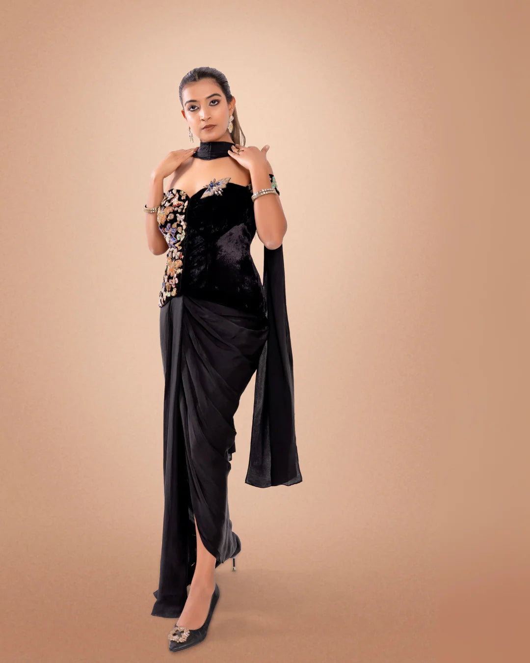 Black Hand Embroidered Corset Top With Skirt And Dupatta