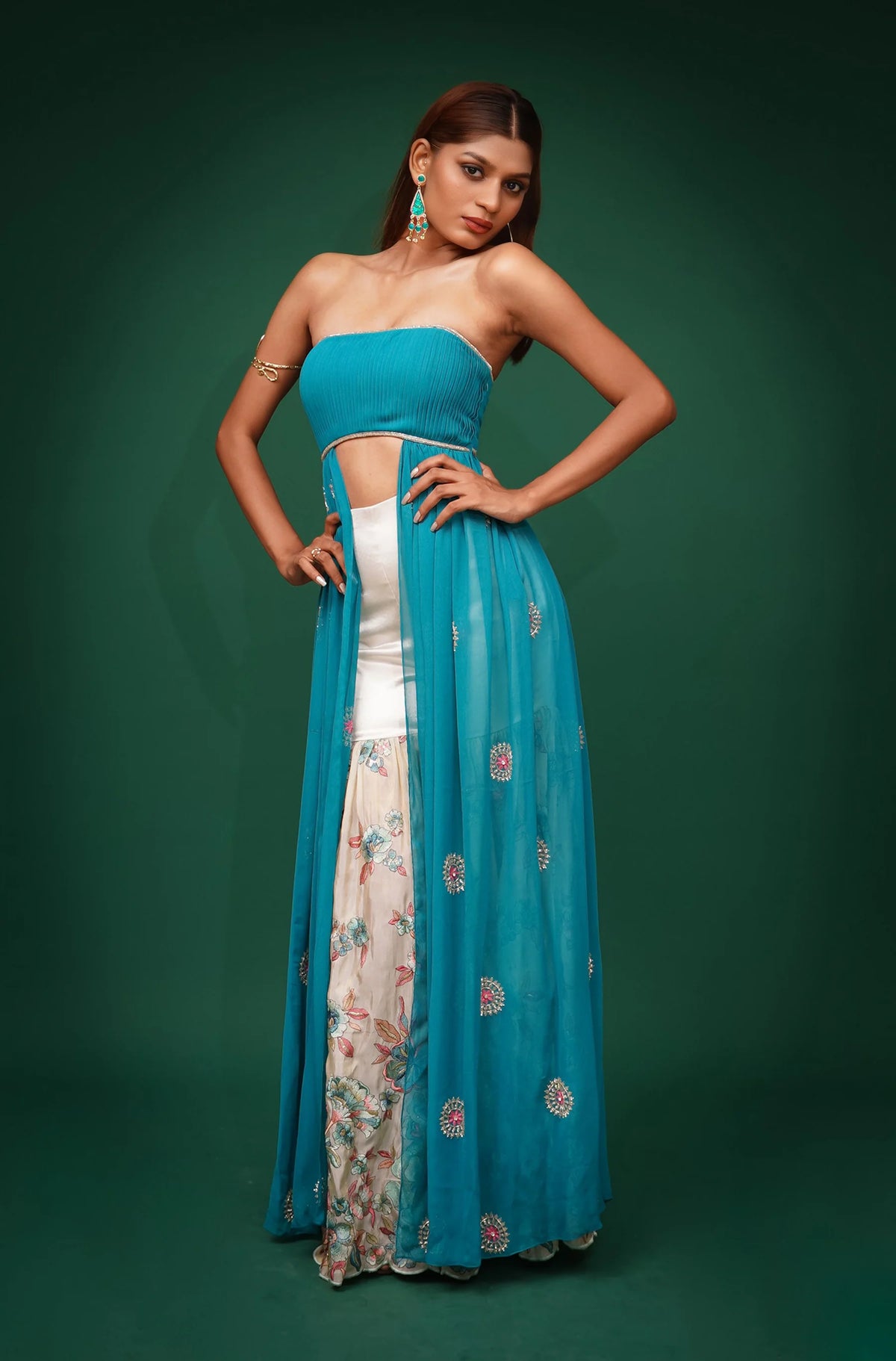 Teal Green Hand-Embroidered Cape With Sharara