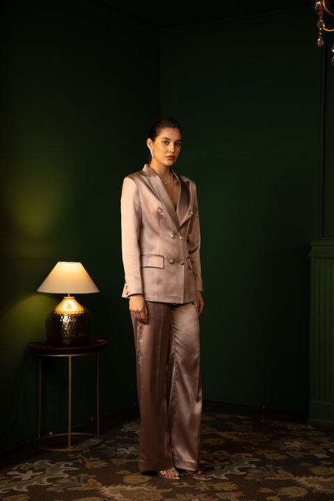 Double Breasted Liquid Sculpted Suit Ensemble in Dusty Rose