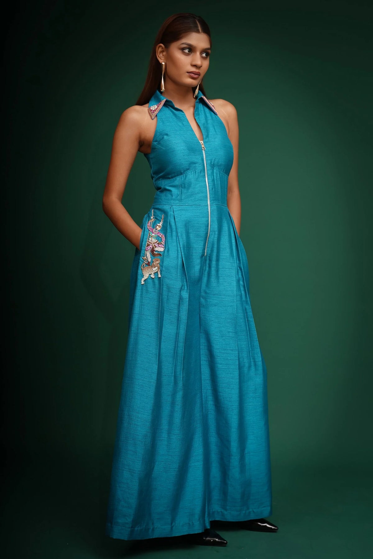Blue Hand Embroidred Jumpsuit