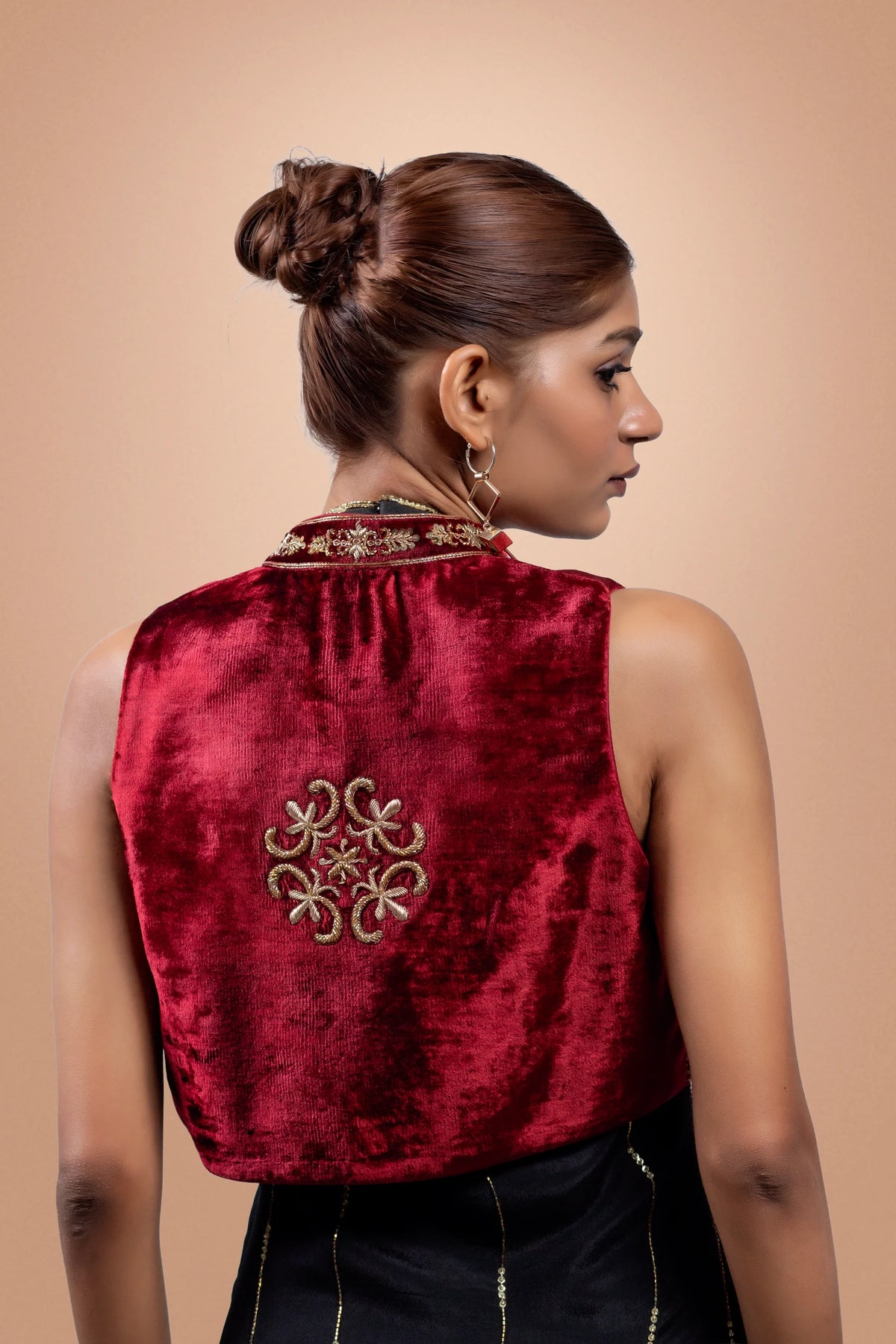Black & Maroon Georgette Maxi Dress With Velvet Crop Jacket