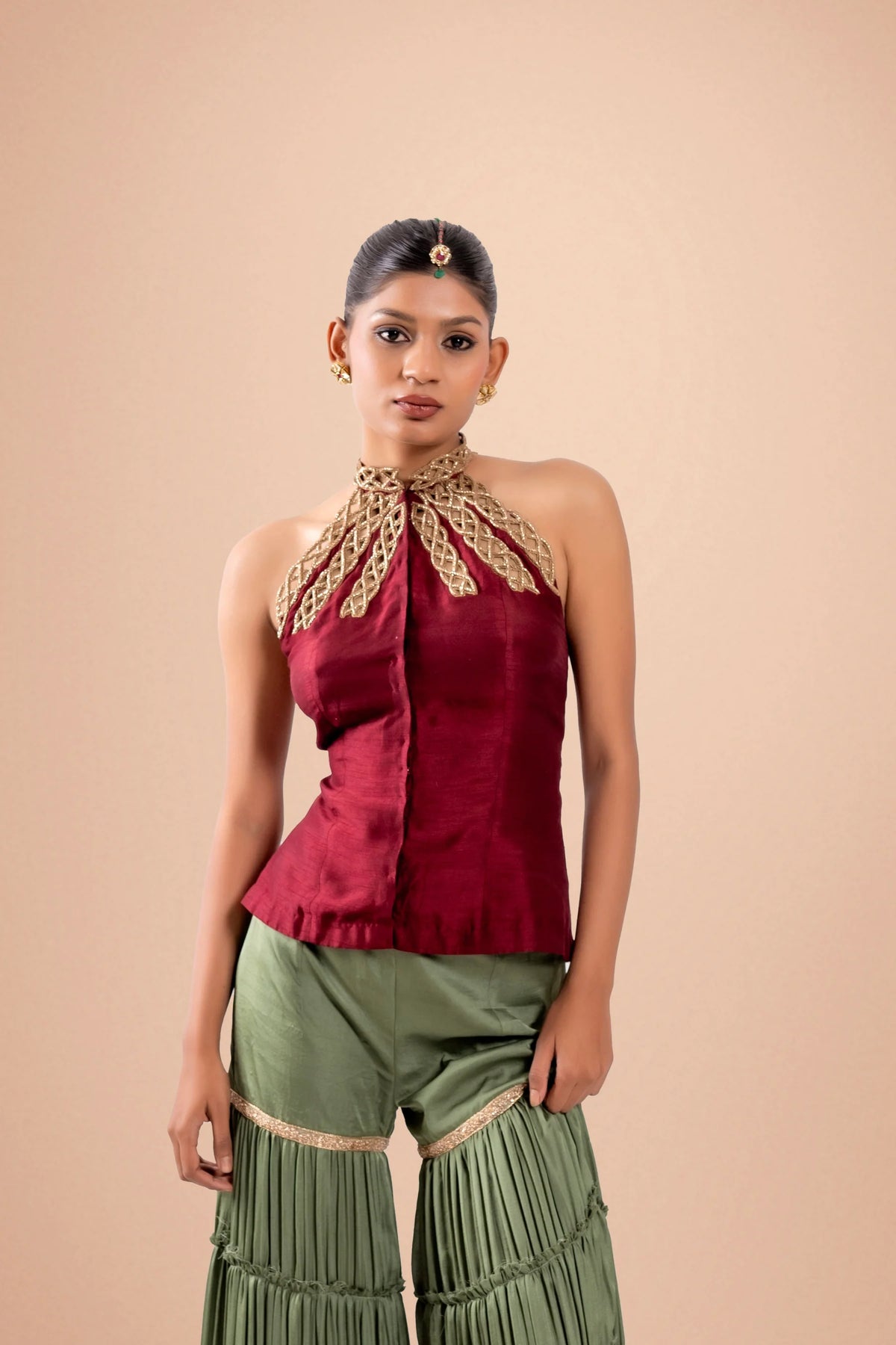 Maroon and Green Hand Embroidered Shara Set