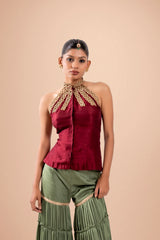Maroon and Green Hand Embroidered Shara Set
