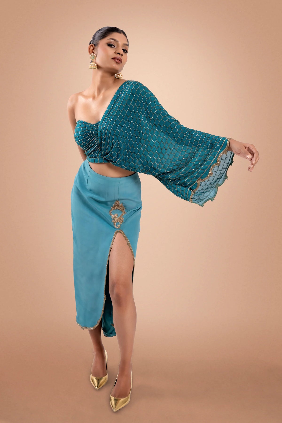 Teal Green Hand Embroidered Top and Skirt