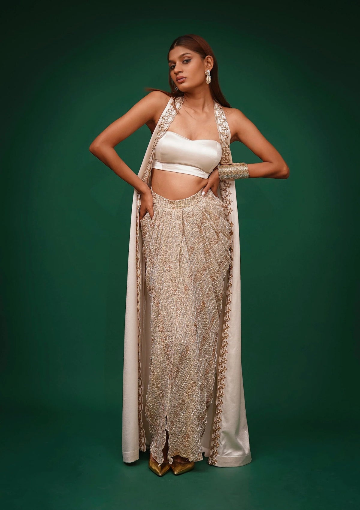 White Hand Embroidered Cape With Bustier And Skirt
