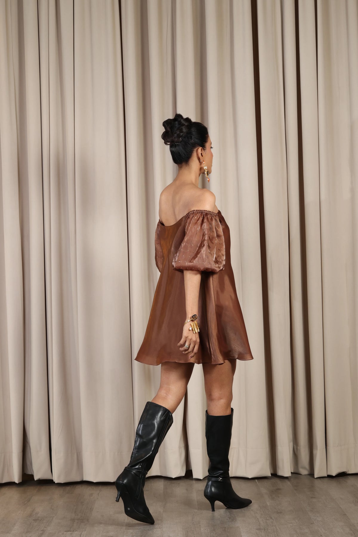 Brown Hand Embroidered Organza Mini Dress