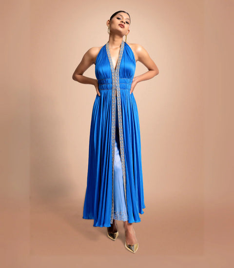 Blue Hand Embroidered Satin Cape Dress With Pants