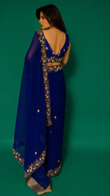 Navy Blue Hand Embroidered Saree Organza And Matching Floral Embroidered Blouse