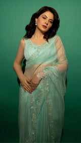 Sky Blue Hand Embroidered Saree Organza And Matching Floral Embroidered Blouse