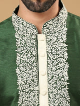 Forest Green Embroidered Silk Kurta Set