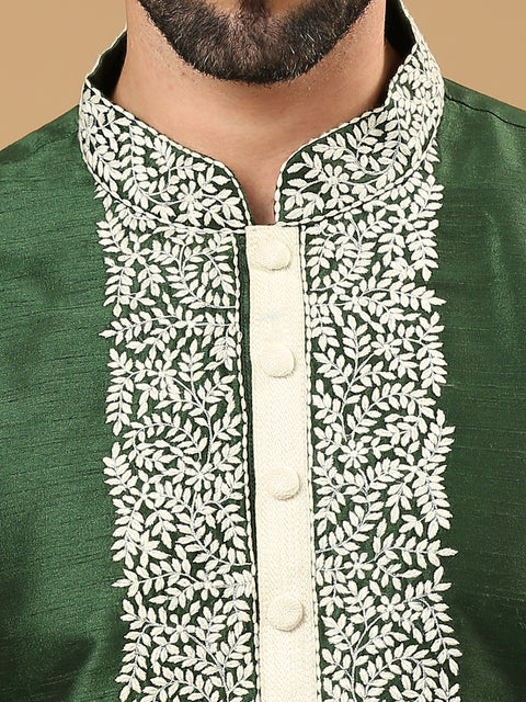 Forest Green Embroidered Silk Kurta Set