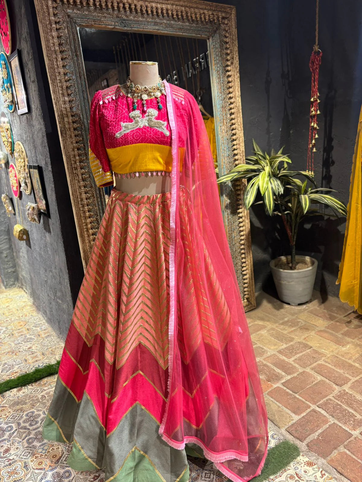 Rani Pink–Mustard Zari Lehenga