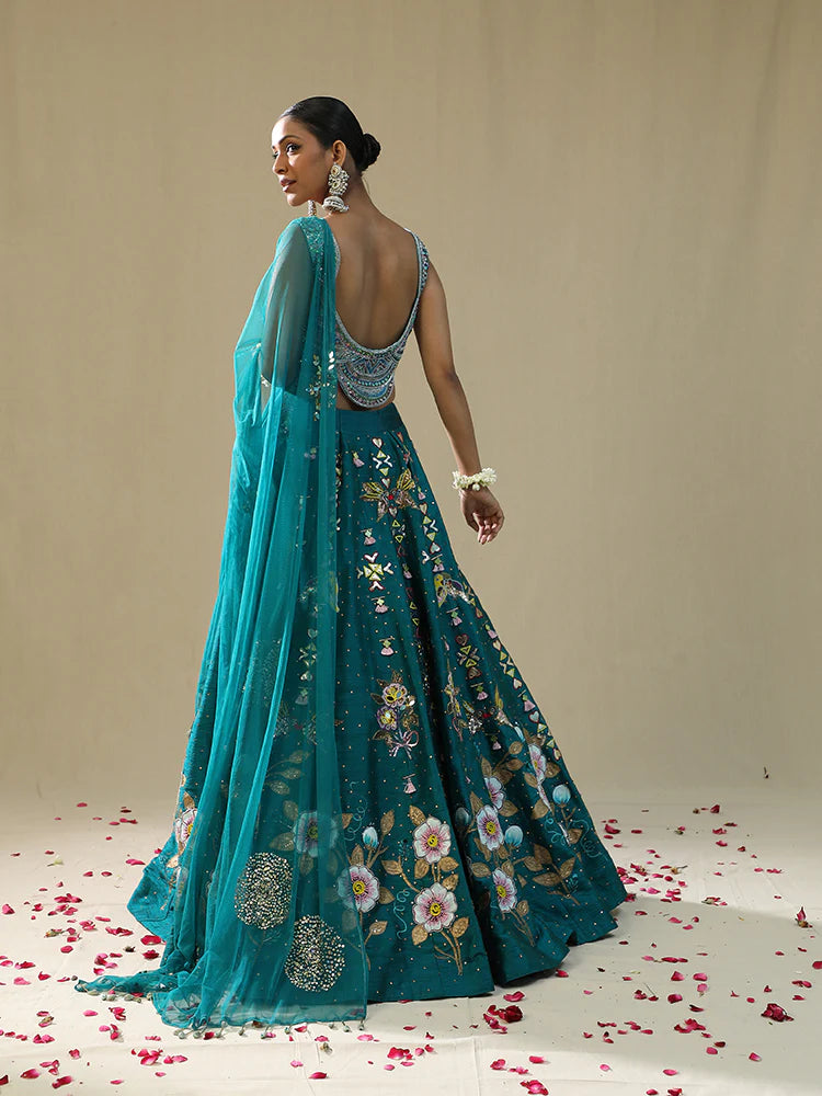 Teal Green Handpainted Lehenga Set