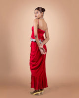 Red Hand Embroidered Satin Top And Skirt